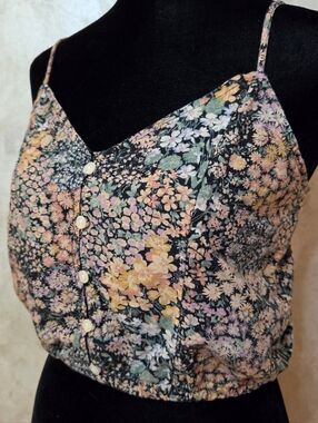 American Eagle Floral Crop Tank XS Cotton Linen Button Front Cami Cottagecore